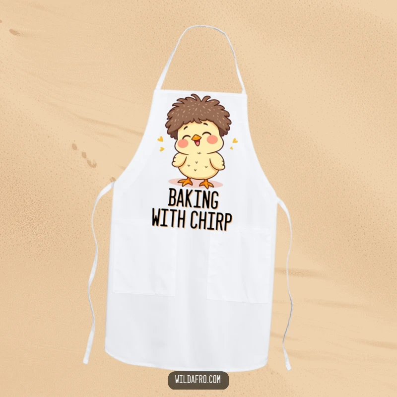 Funny giggling chick with a tiny afro on a kitchen apron, radiating cuteness and cheerful vibes, a delightful funny gift.