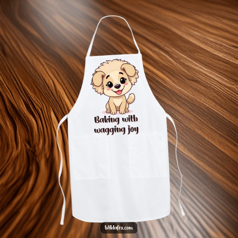 Funny dog with a bouncy afro and wagging tail wearing a kitchen apron, ready for culinary adventures.