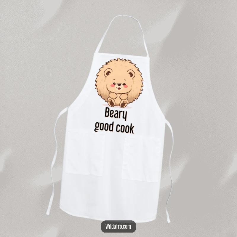 Funny bear afro apron showing a chubby bear cub gleefully hiding inside a large, fluffy afro.