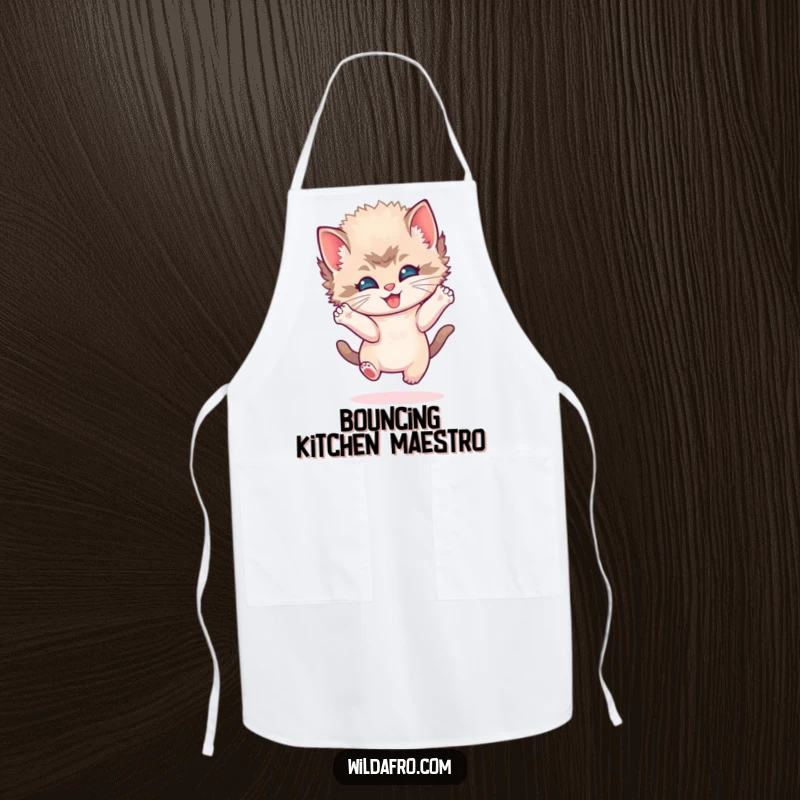 Funny kitten afro apron featuring a playful kitten with a round afro, bouncing joyfully and adding fun to kitchen activities.