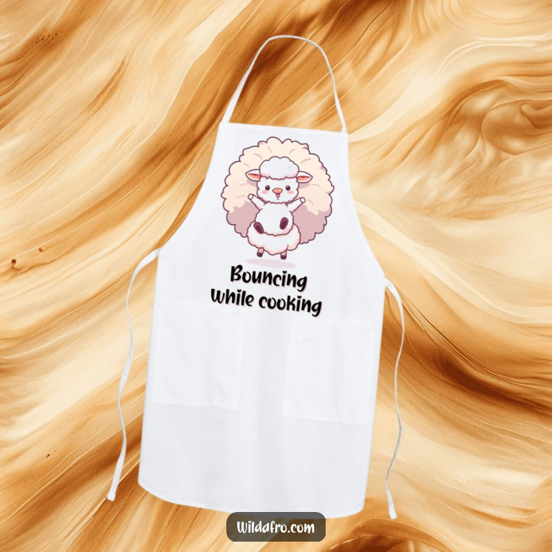 Funny apron showing a fluffy sheep character bouncing on a giant afro puff, a humorous accessory for cooks and bakers.