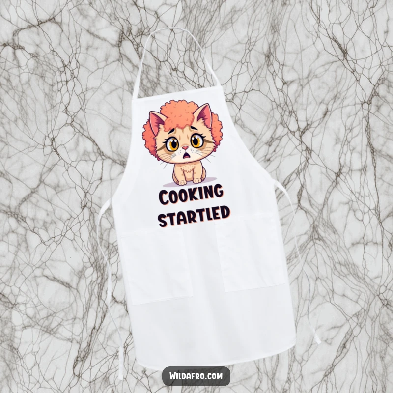 Funny surprised cat with a vibrant afro on a chef's apron. A fun and funny gift.