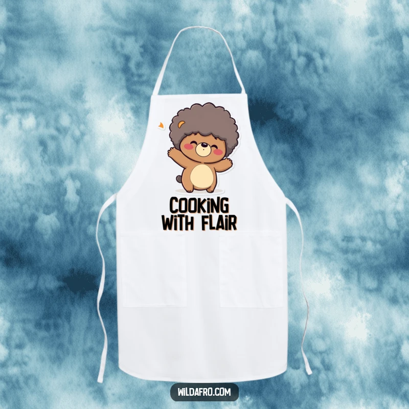 Funny apron featuring a playful bear character shaking its head, its afro bouncing merrily. Great funny gift.