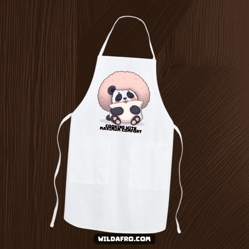Funny panda apron with a giggling panda bear cuddling a fluffy afro like a pillow, a humorous and practical kitchen accessory.
