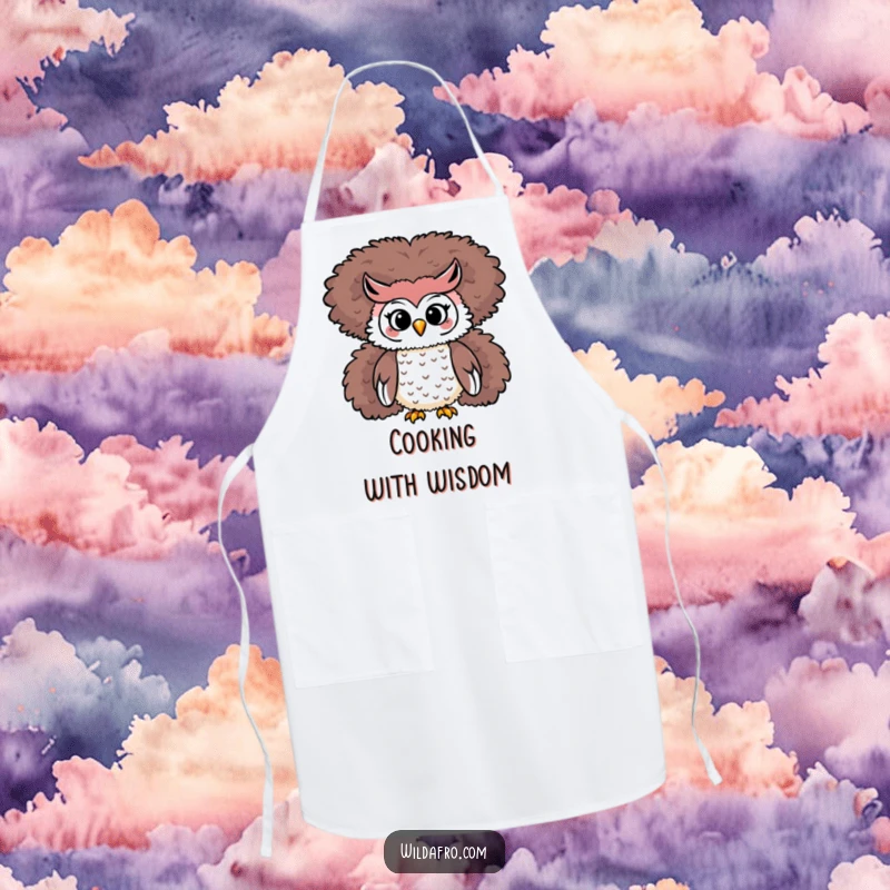 Funny Owl Afro Apron: A playful owl character perches atop a towering, fluffy afro while in the kitchen.