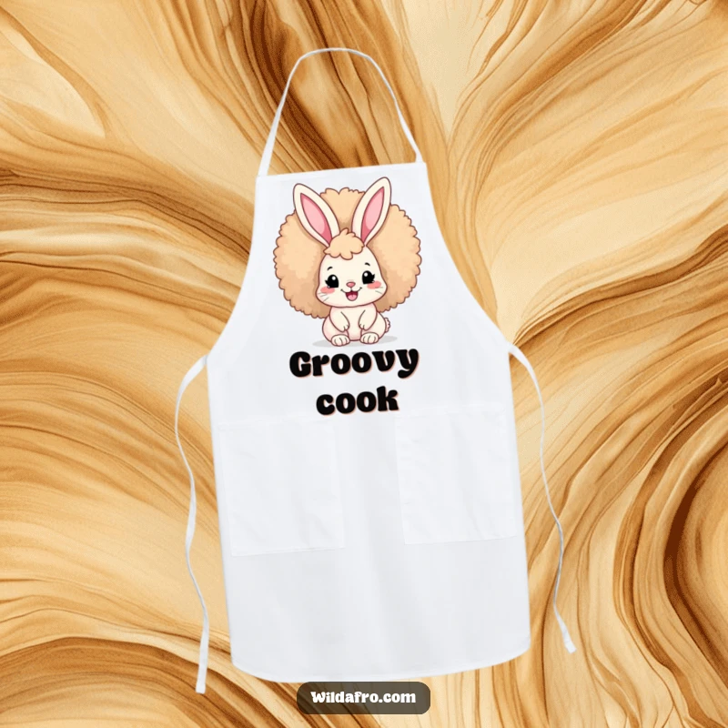 Funny Afro Bunny Apron showing a cute bunny with a large afro and a big smile, ideal for kitchen use.