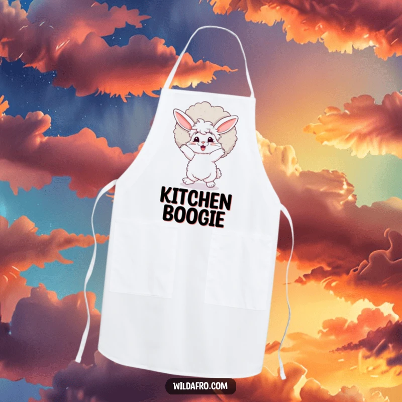 Funny bunny apron, fluffy with a vibrant afro, dancing while cooking, bringing rhythm and fun to the kitchen. A practical funny gift.
