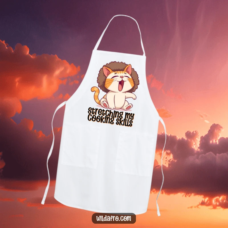 Funny cat apron showing a yawning cat with its afro dramatically expanding during a stretch, a hilarious kitchen accessory.