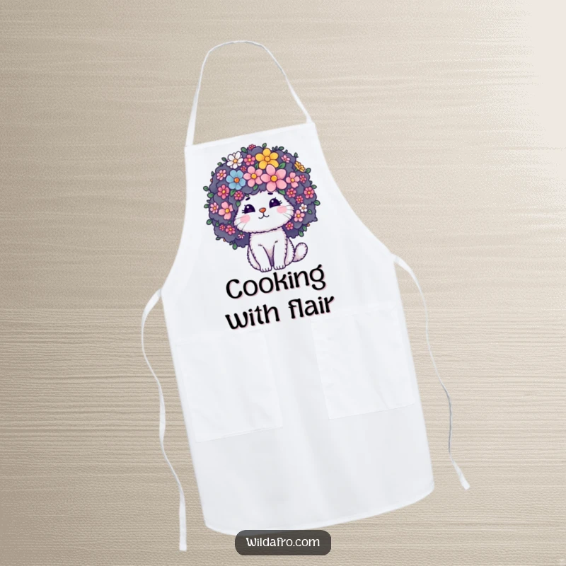Funny Apron showing a fluffy cat character with a huge curly afro adorned with blooming flowers, perfect for a stylish and humorous kitchen.