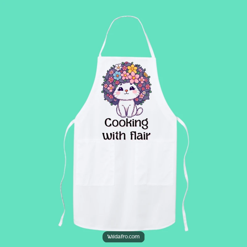 Funny Cat Afro Flower Apron: Fluffy Character Chef Style with Blooming Floral Flair