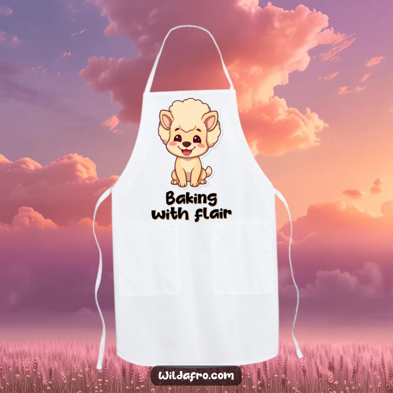 Funny dog apron showcasing a joyful character with a big, bouncy afro head. Fun kitchen attire for dog parents.
