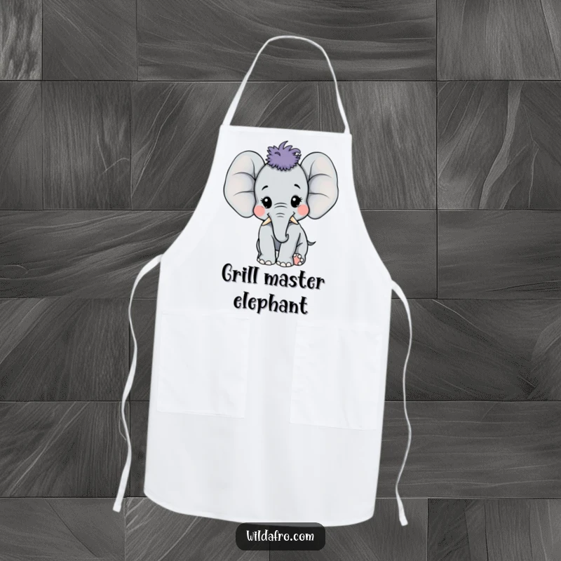 Funny happy elephant calf with a large afro on a kitchen apron, radiating joy and pachyderm charm, a functional funny gift.