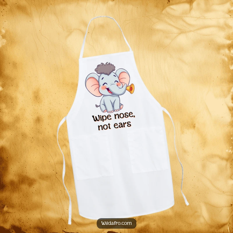Funny Elephant Apron w/ Afro, Giggling and Trumpeting While Cooking, Humorous Kitchenwear