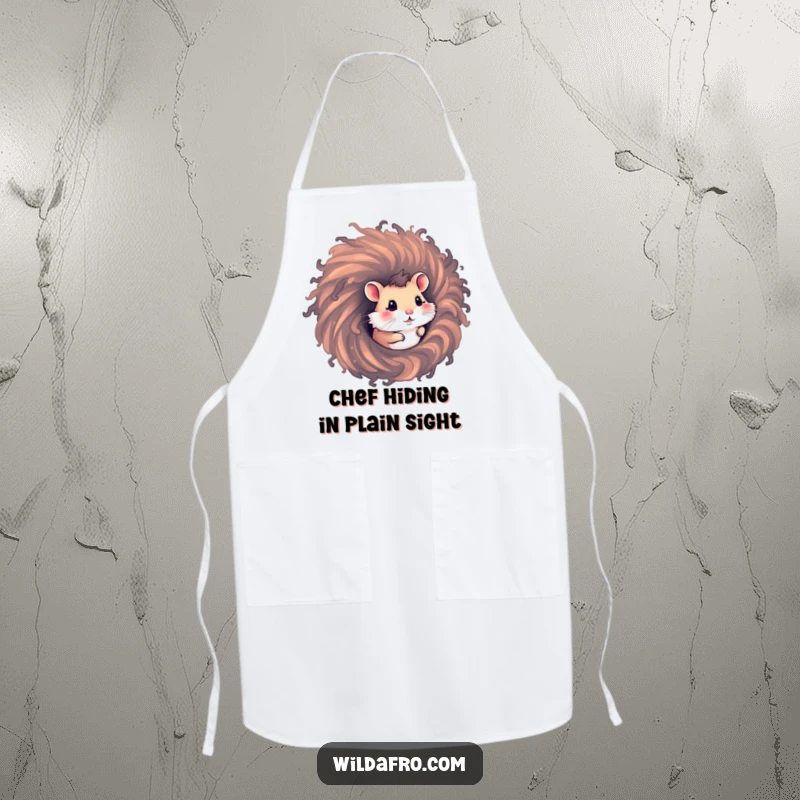 Funny hamster apron with a curious hamster peeking from a swirling afro hair vortex, a humorous and practical kitchen accessory.