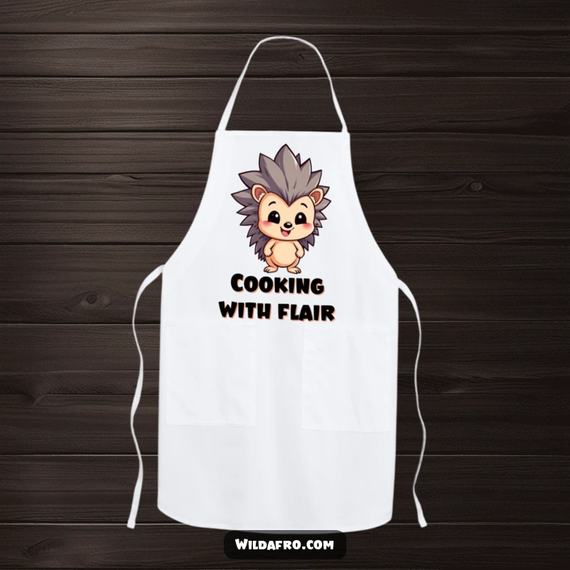 Funny Hedgehog Apron displaying a joyful character with a large, spiky, dynamic afro, ready to add humor to any cooking or baking session.