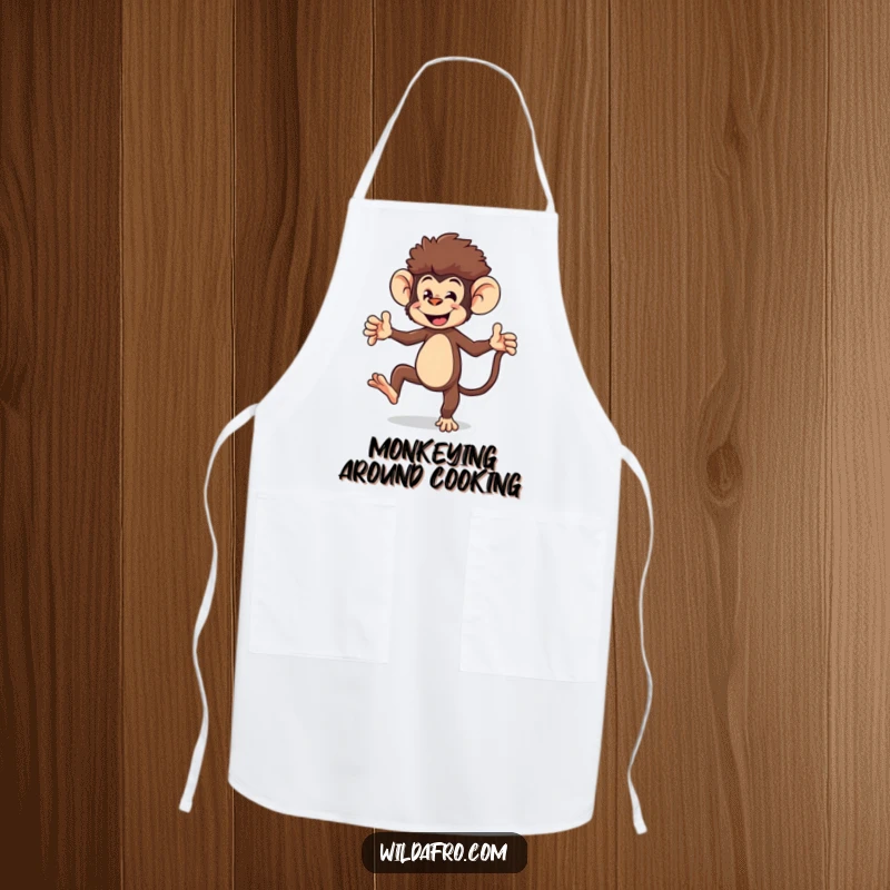 Funny monkey apron showing an energetic monkey character with an afro doing a playful dance, perfect for kitchen fun.