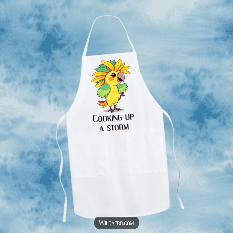 Funny apron featuring a dancing parrot character flaunting a vibrant, feathered afro, ready to cook. Great funny gift.