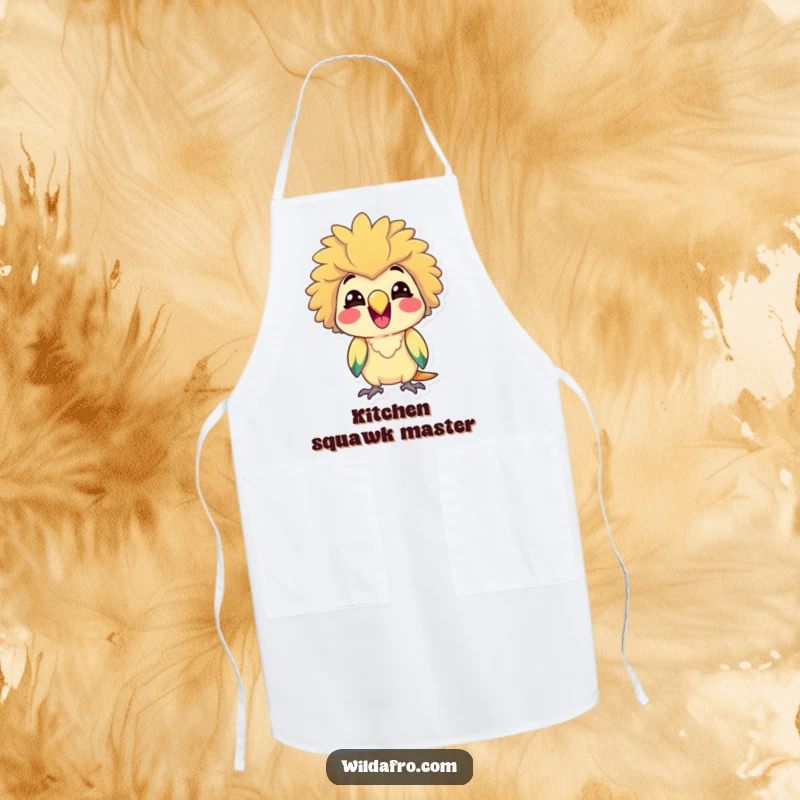 Funny Parrot Apron w/ Afro, Delighted and Squawking Cheerfully, Humorous Kitchenwear