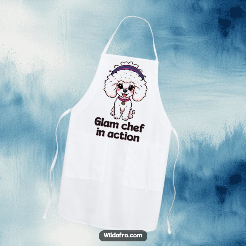 Funny poodle apron featuring a happy dog character with a large, fashionable afro wig, ready to cook with flair.