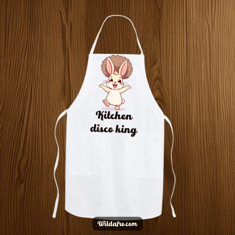 Funny Rabbit Afro Apron: A cheerful bunny with a large afro, dancing playfully, perfect for kitchen duty with a humorous and charming design.