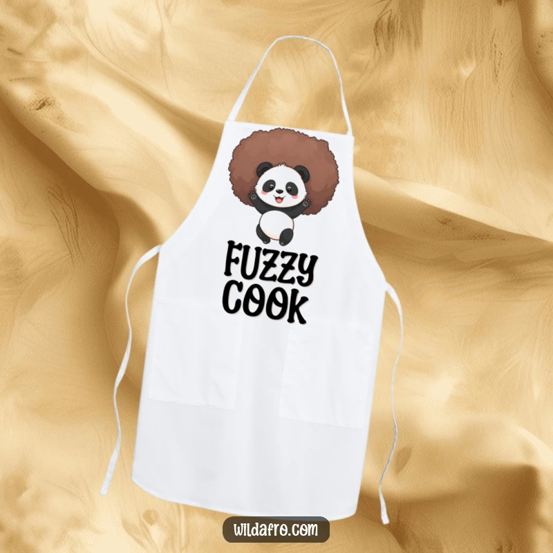 Funny panda rolling in a giant afro, depicted on a kitchen apron, ideal for a humorous and joyful cooking experience.