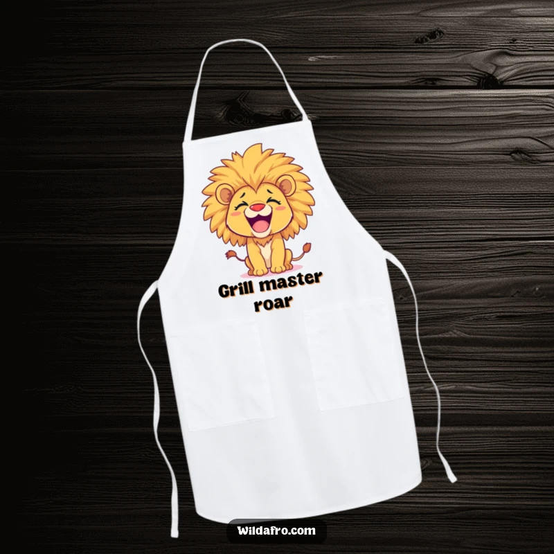 Funny lion cub apron, happy with a large afro, playfully roaring while cooking, bringing fun to the kitchen. A practical funny gift.
