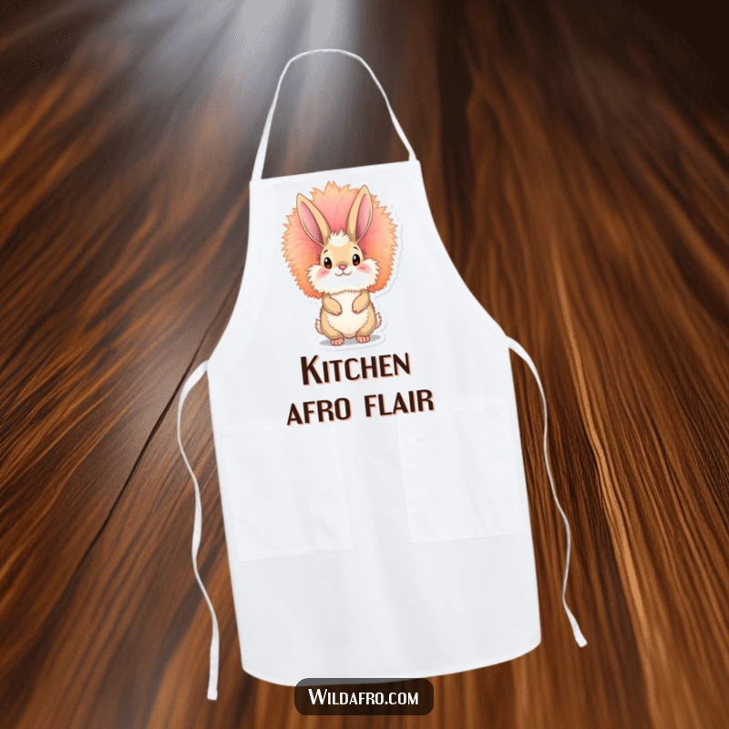 Funny bunny afro apron featuring a fluffy bunny with a vibrant, towering afro, adding groovy fun to kitchen activities.
