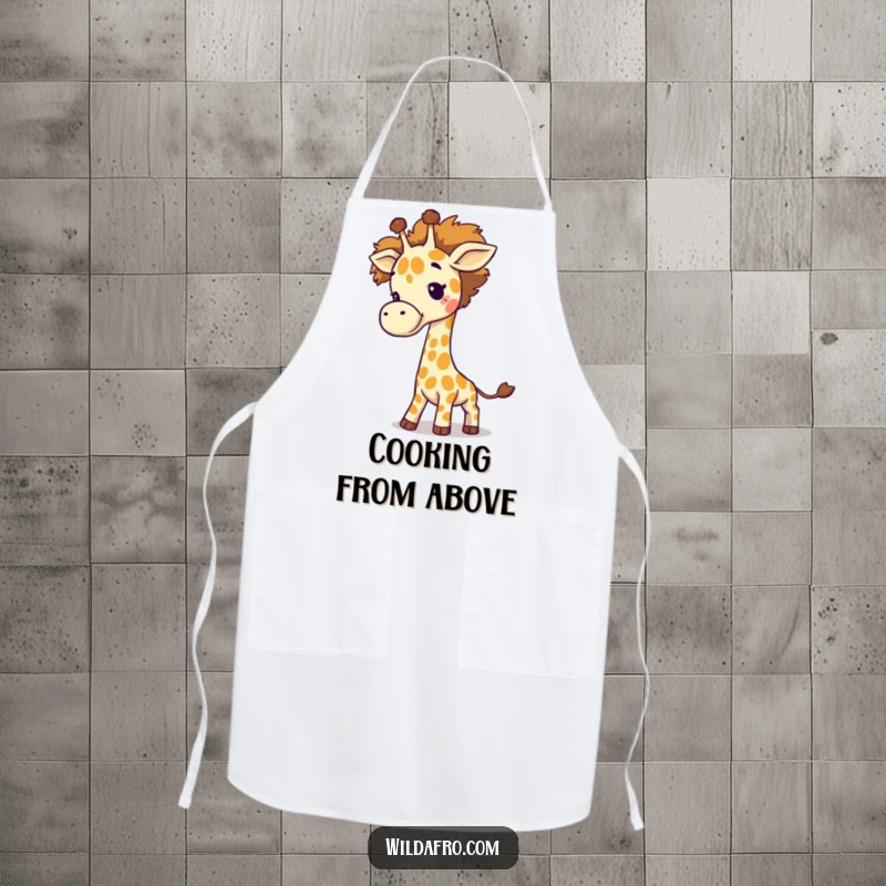 Funny Giraffe Afro Tail Apron showing a giggling giraffe swinging an afro as its tail, perfect for kitchen fun and protection.
