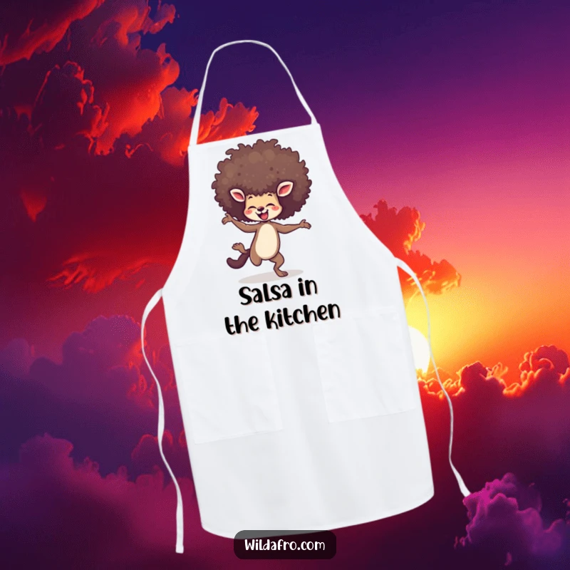 Funny apron with an agile animal dancing joyfully, its large afro expressing boundless energy and happiness.