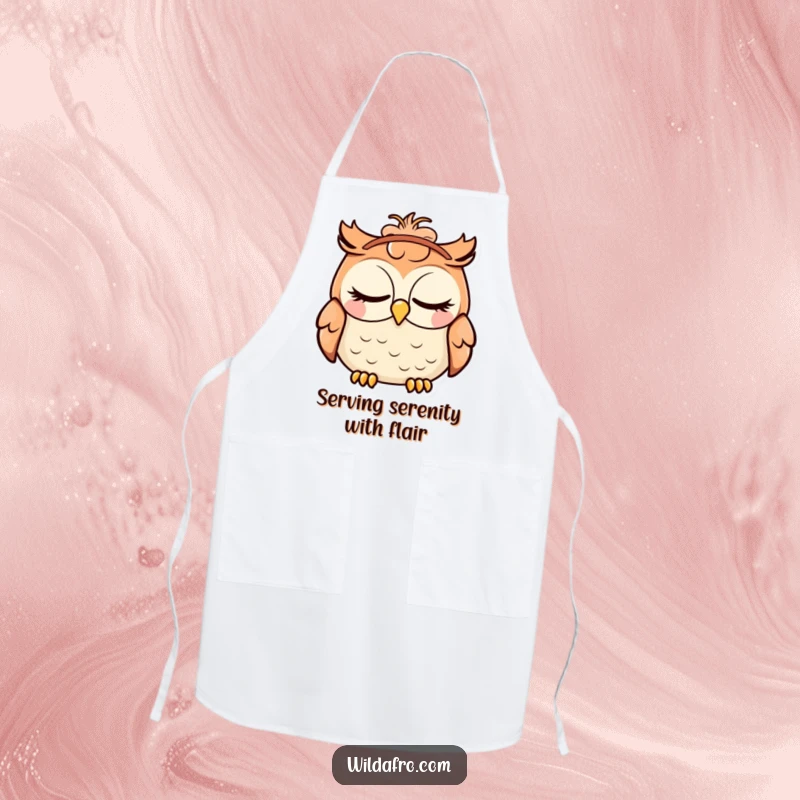 Funny apron displaying a contented owl in closed-eye bliss, sporting a cool afro headband, ready for kitchen fun.