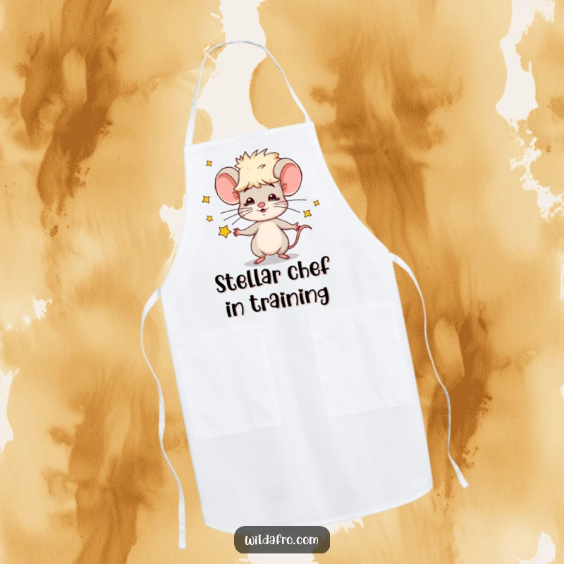 Funny apron with a cartoon mouse sporting an afro, masterfully juggling tiny stars, perfect for a whimsical kitchen experience.