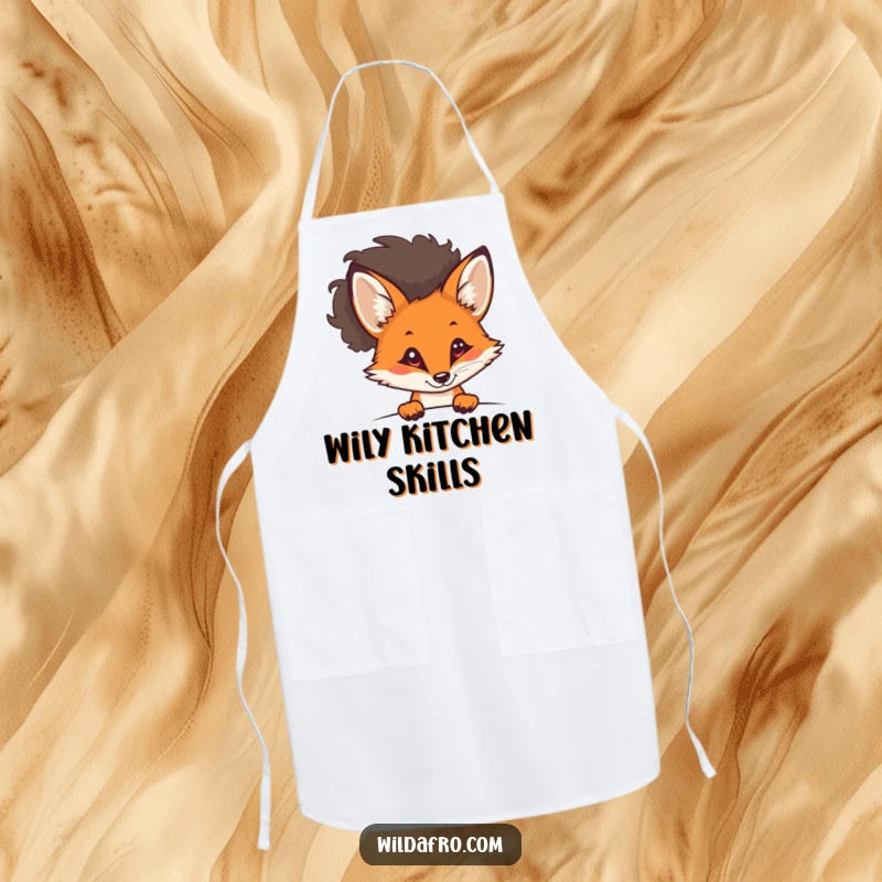 Funny curious fox with a stylish afro peeking out on a kitchen apron, embodying slyness and cool, a functional funny gift.