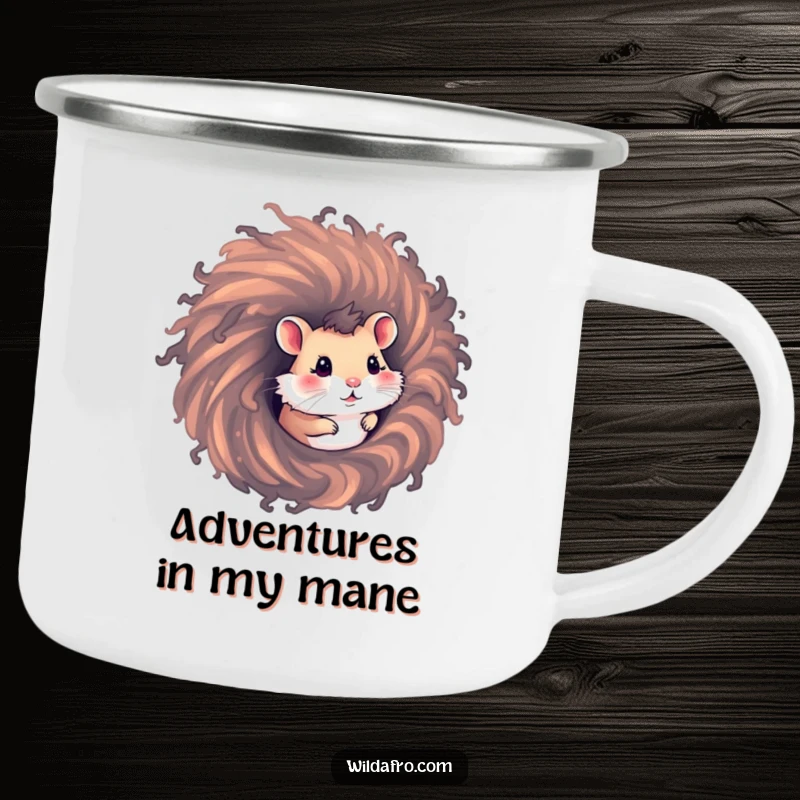 Funny hamster camping mug depicting a curious hamster emerging from a swirling afro hair vortex, perfect for outdoor humor.