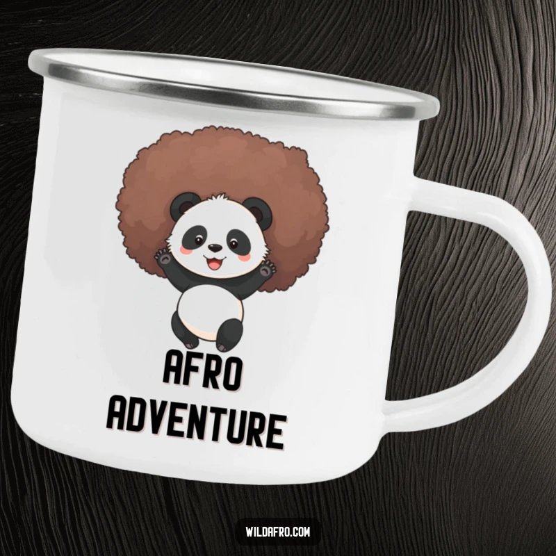 Funny panda rolling in a fluffy afro on a durable camping mug, ready for outdoor trips and providing humorous cheerfulness.