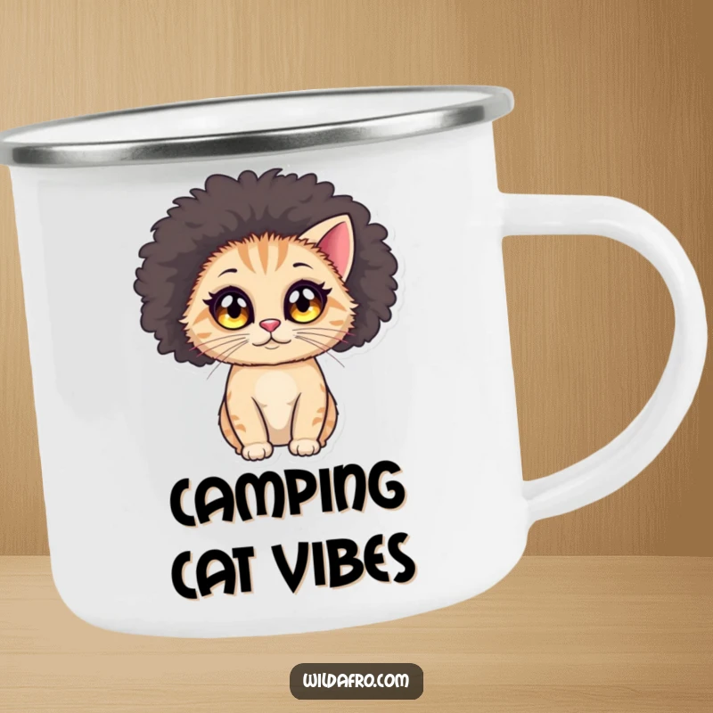 Funny cat afro camping mug with a round cat, big sparkling eyes, wearing a large afro wig for outdoor humor.