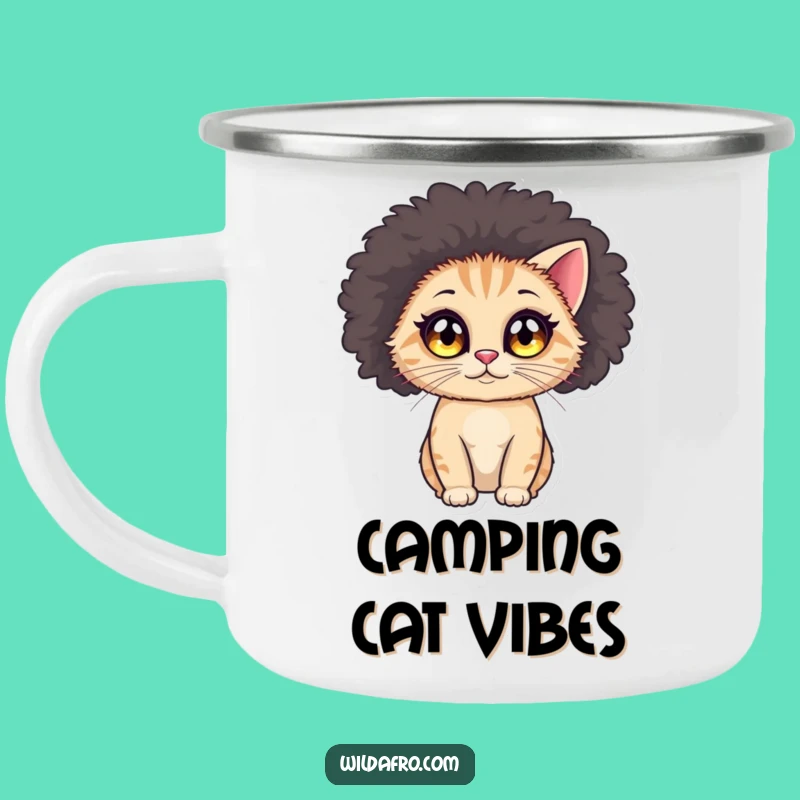 Funny Cat Afro Camping Mug: Fuel Your Adventures with Funk!