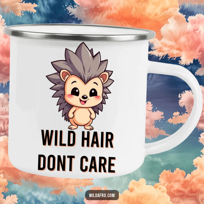 Funny Hedgehog Camping Mug featuring a cheerful character with a large, spiky, dynamic afro, perfect for outdoor enthusiasts who love humor.