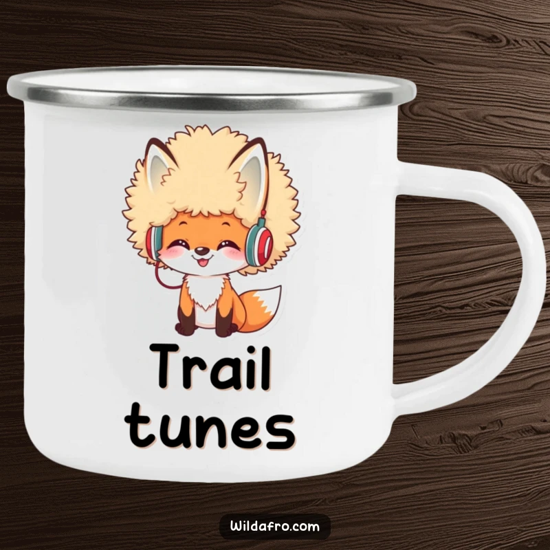 Funny Afro Fox DJ Camping Mug showing a cheerful fox with a large afro and tiny headphones, perfect for outdoor beverages.