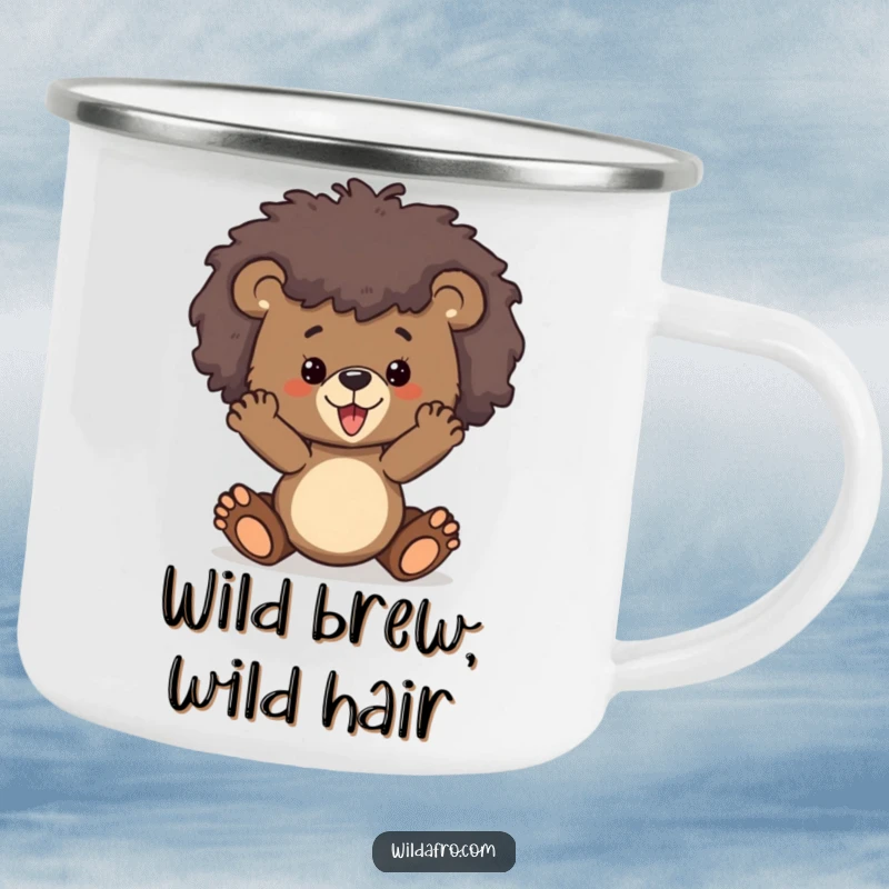 Funny bear cub with a wild afro on a sturdy enamel camping mug, ready for outdoor adventures.