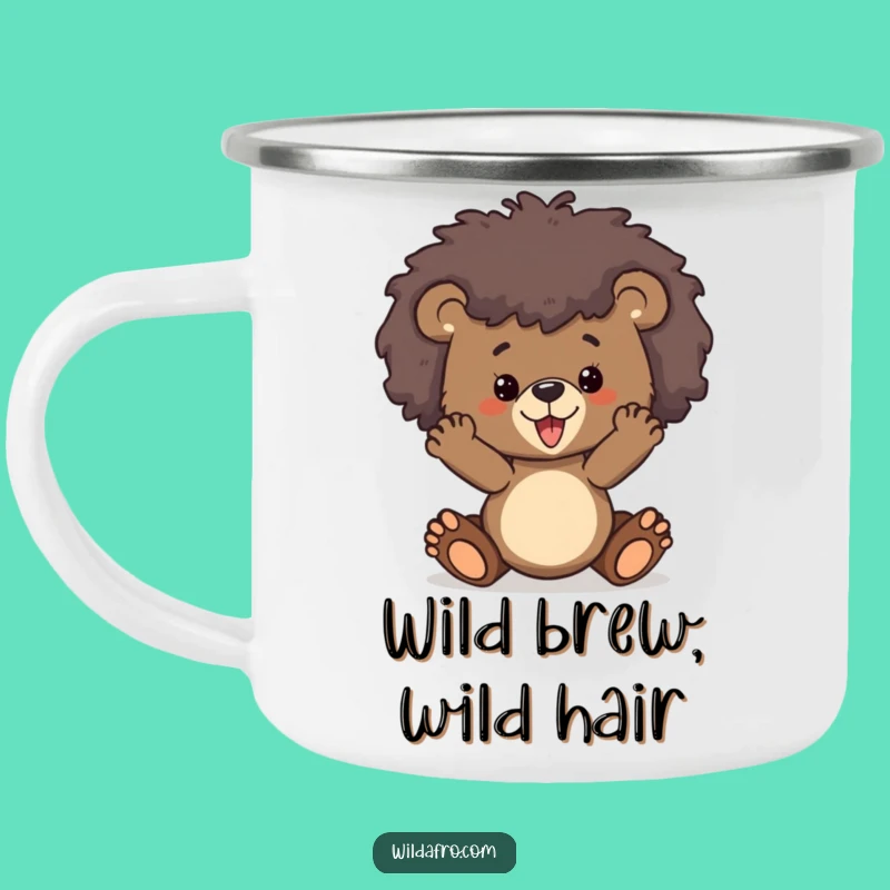 Funny Bear Cub Afro Camping Mug - Durable Wild Animal Enamel Cup, Gift Idea