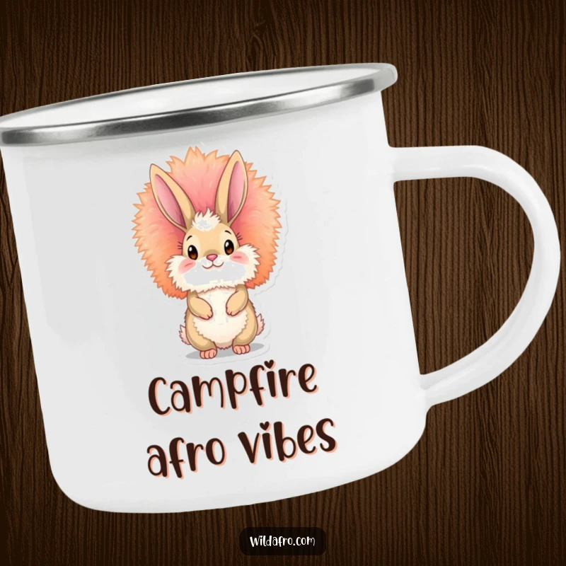 Funny bunny afro camping mug with a fluffy bunny wearing a vibrant, towering afro, perfect for outdoor use and retro vibes.