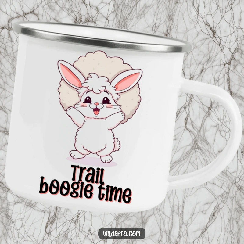 Funny bunny camping mug, fluffy with a retro afro, dancing with joy, perfect for outdoor enjoyment. A fantastic funny gift.