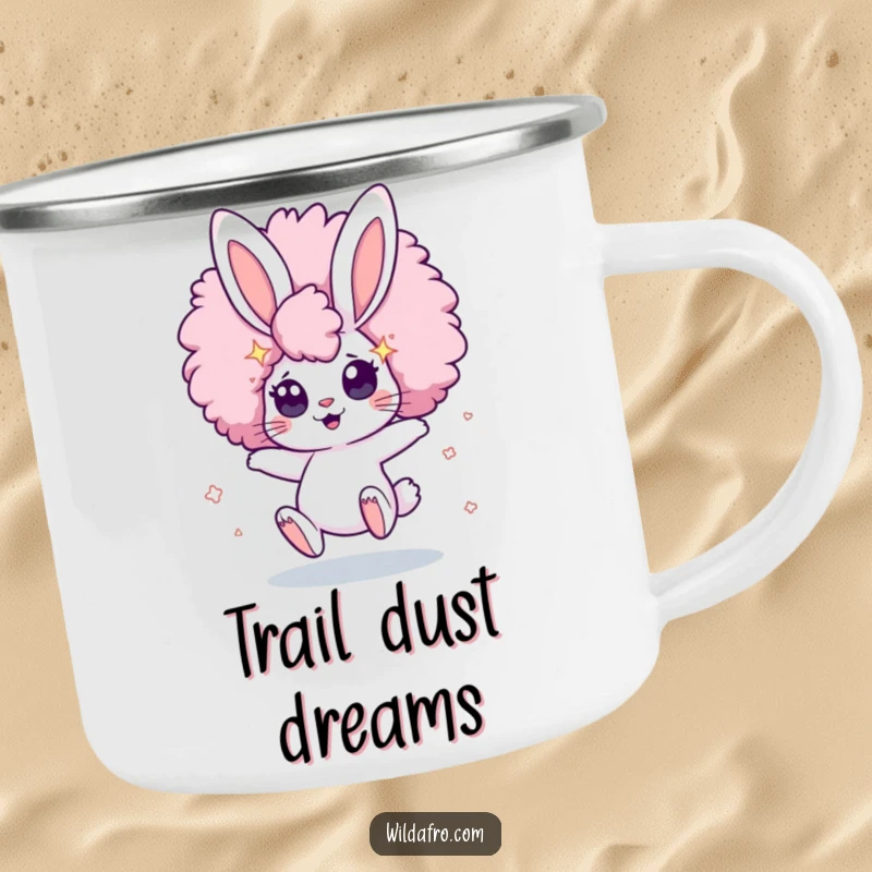 Funny Camping Mug featuring a cute, bouncing bunny character with a giant afro and eyes full of stars, perfect for campers.
