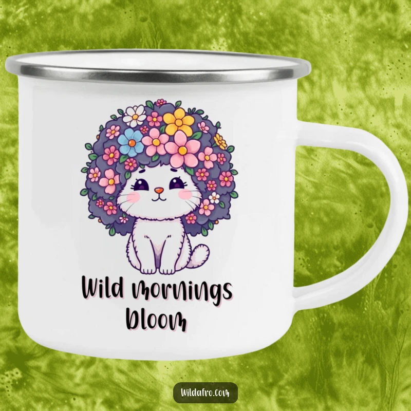 Funny Camping Mug showcasing a fluffy cat character with a large curly afro blooming with flowers, ideal for outdoor enthusiasts.