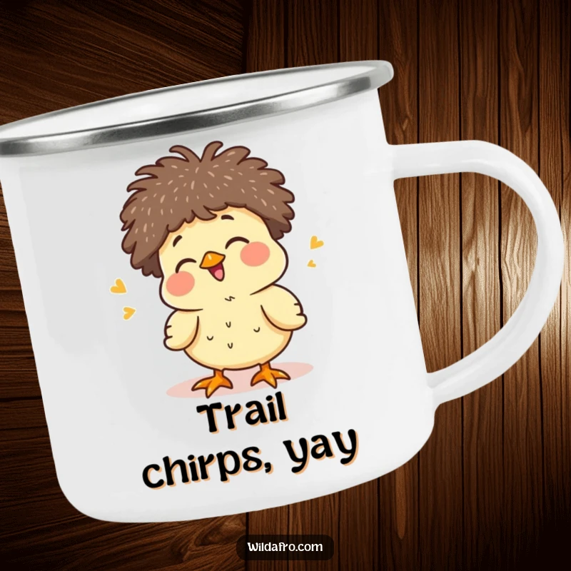 Funny giggling chick with a tiny afro on a camping mug, radiating cuteness and happiness, a charming funny gift.
