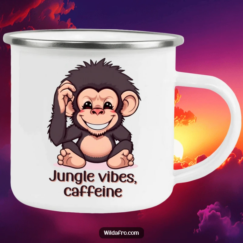 Funny chimpanzee camping mug featuring a grinning monkey character patting its bushy afro, designed for outdoor enthusiasts.