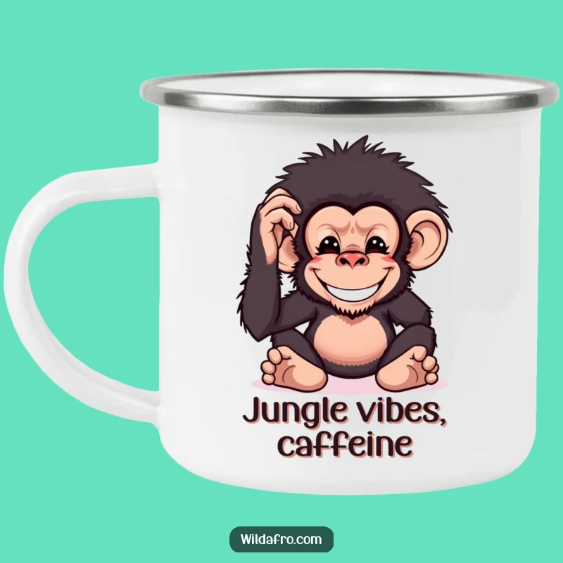 Funny Chimp Afro Camping Mug: Adventure Fuelled by Primate Humor