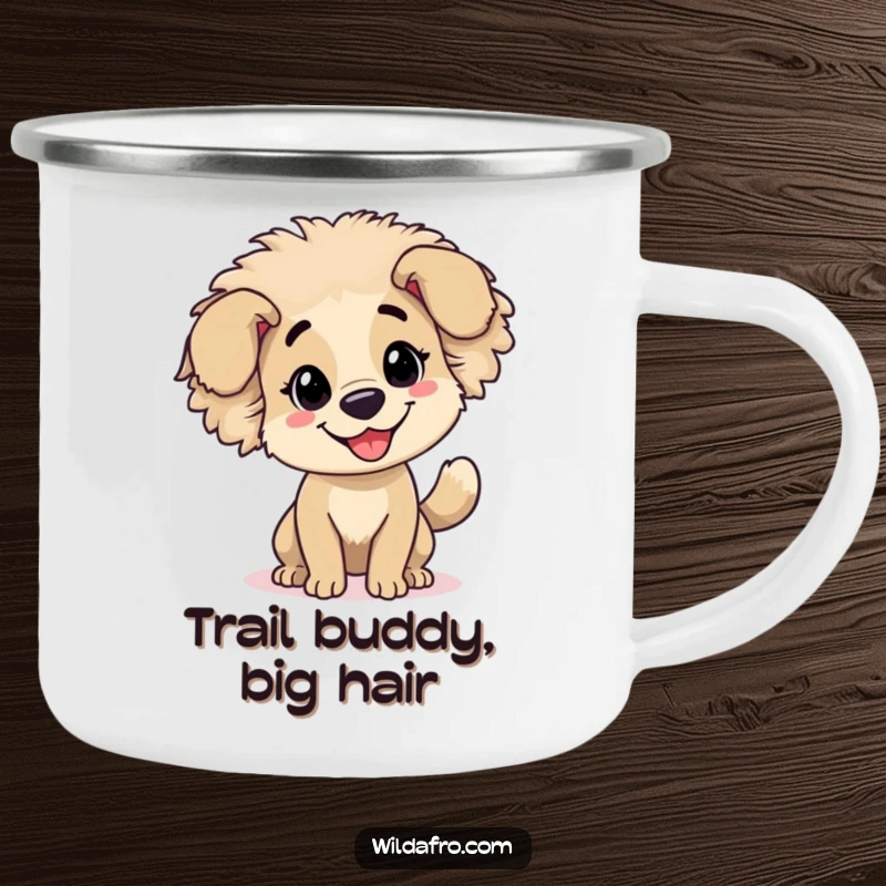 Funny dog with a bouncy afro and wagging tail on a sturdy enamel camping mug, ready for adventure.