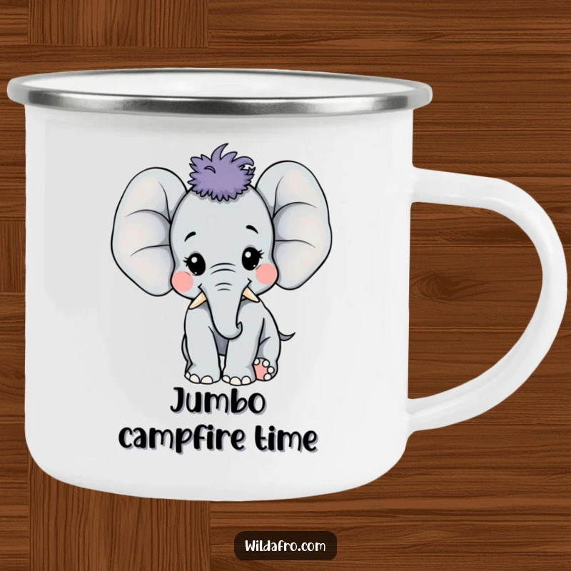 Funny happy elephant calf with a large afro on a camping mug, radiating joy and comfort, a delightful funny gift.