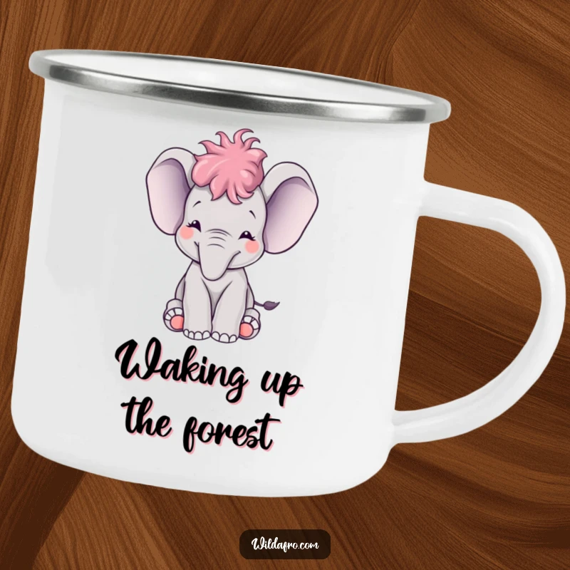 Funny baby elephant with a small afro joyfully trumpeting, depicted on a durable and humorous camping mug.
